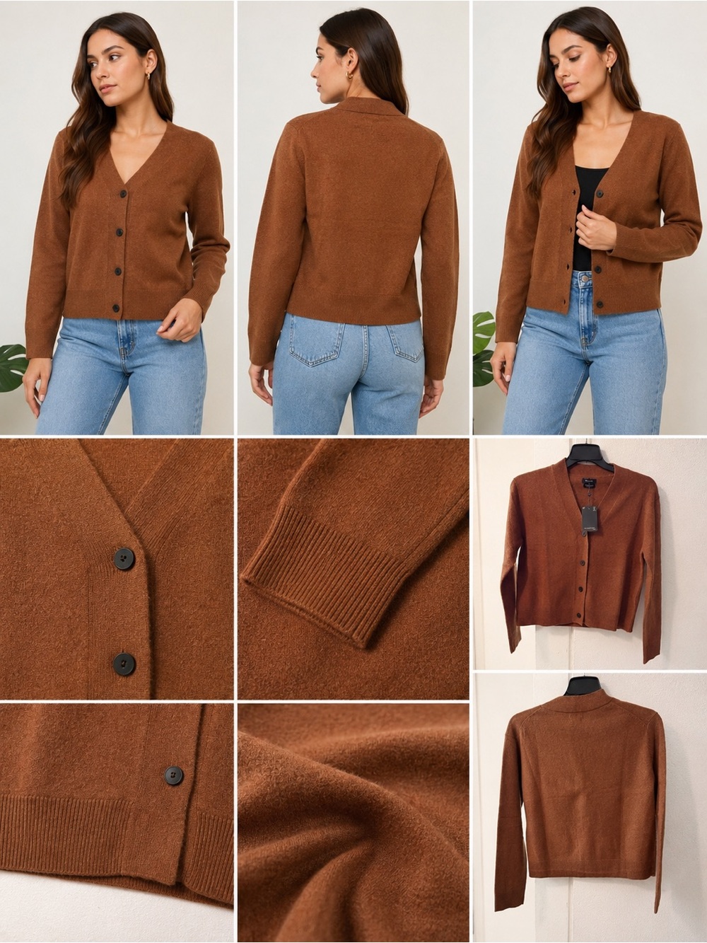 Massimo Dutti Rust Brown V-Neck Button Cardigan